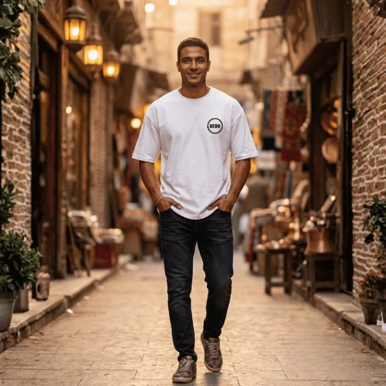 Rear view of a man standing under a stone archway, wearing a white oversized t-shirt featuring a black futuristic cybernetic circuit board skull print on the back. The DEDO logo and product code V2W-006 are displayed in the bottom-left corner.