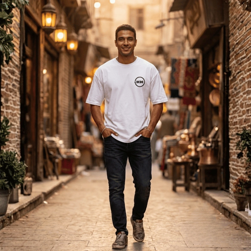 Rear view of a man standing under a stone archway, wearing a white oversized t-shirt featuring a black futuristic cybernetic circuit board skull print on the back. The DEDO logo and product code V2W-006 are displayed in the bottom-left corner.